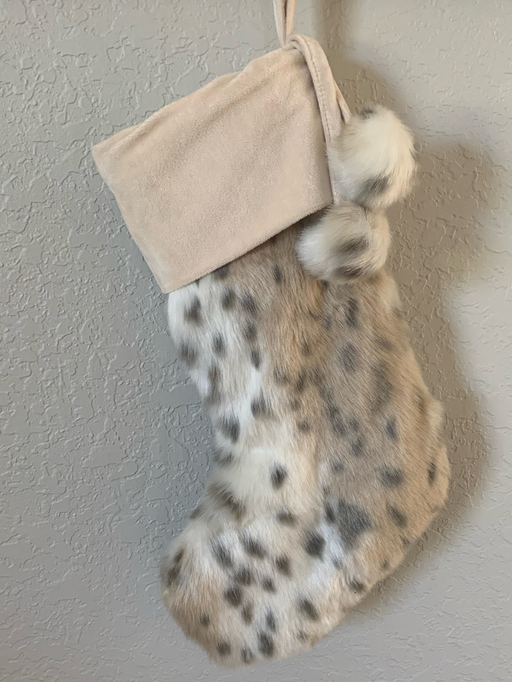 Pottery Barn Teen Faux Fur Holiday Stocking in Cream and Tan Leopard pattern